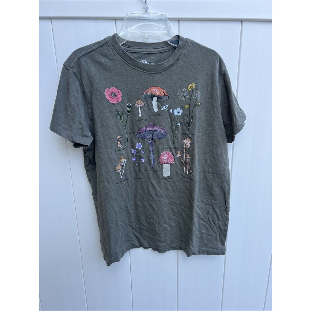 Doe Womens T-Shirt Mushrooms And Plants Guide Green Sz XS